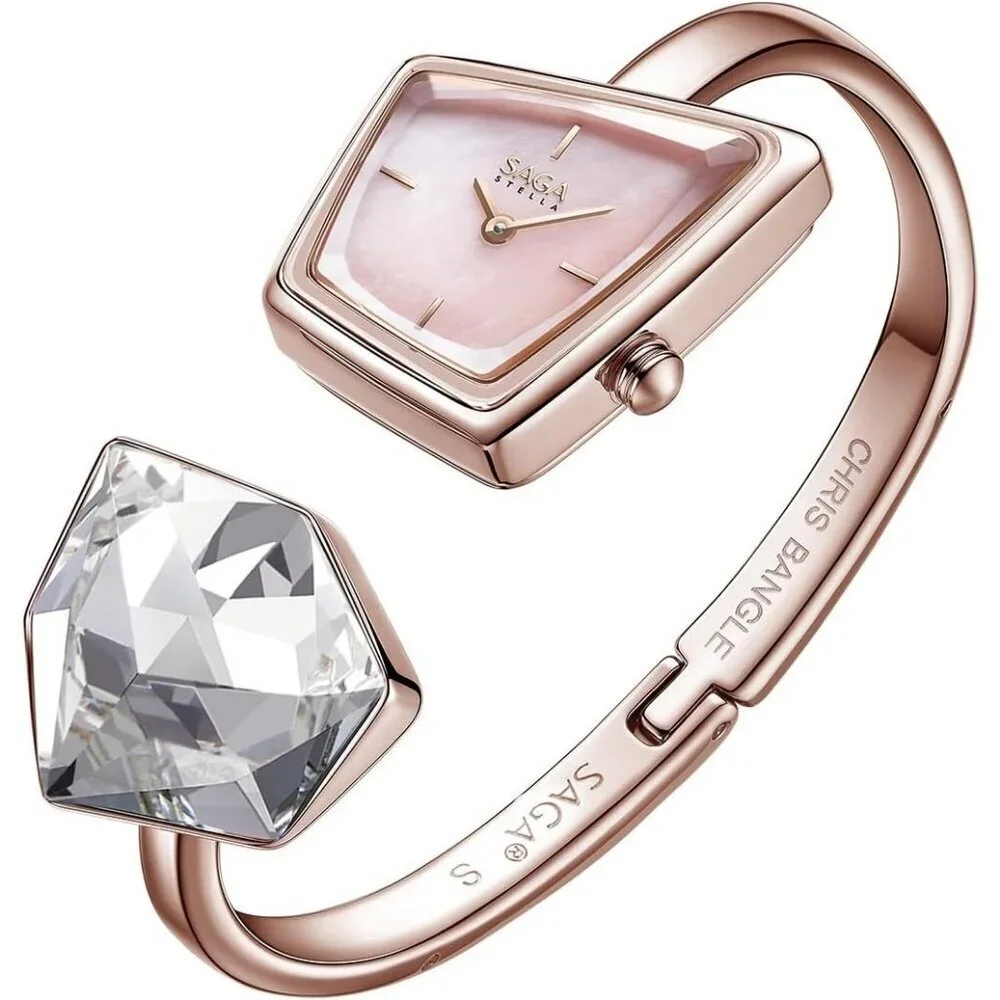 Women's Rose Gold Cuff Bangle Quartz Watch Shaped Mineral Case Stainless Steel